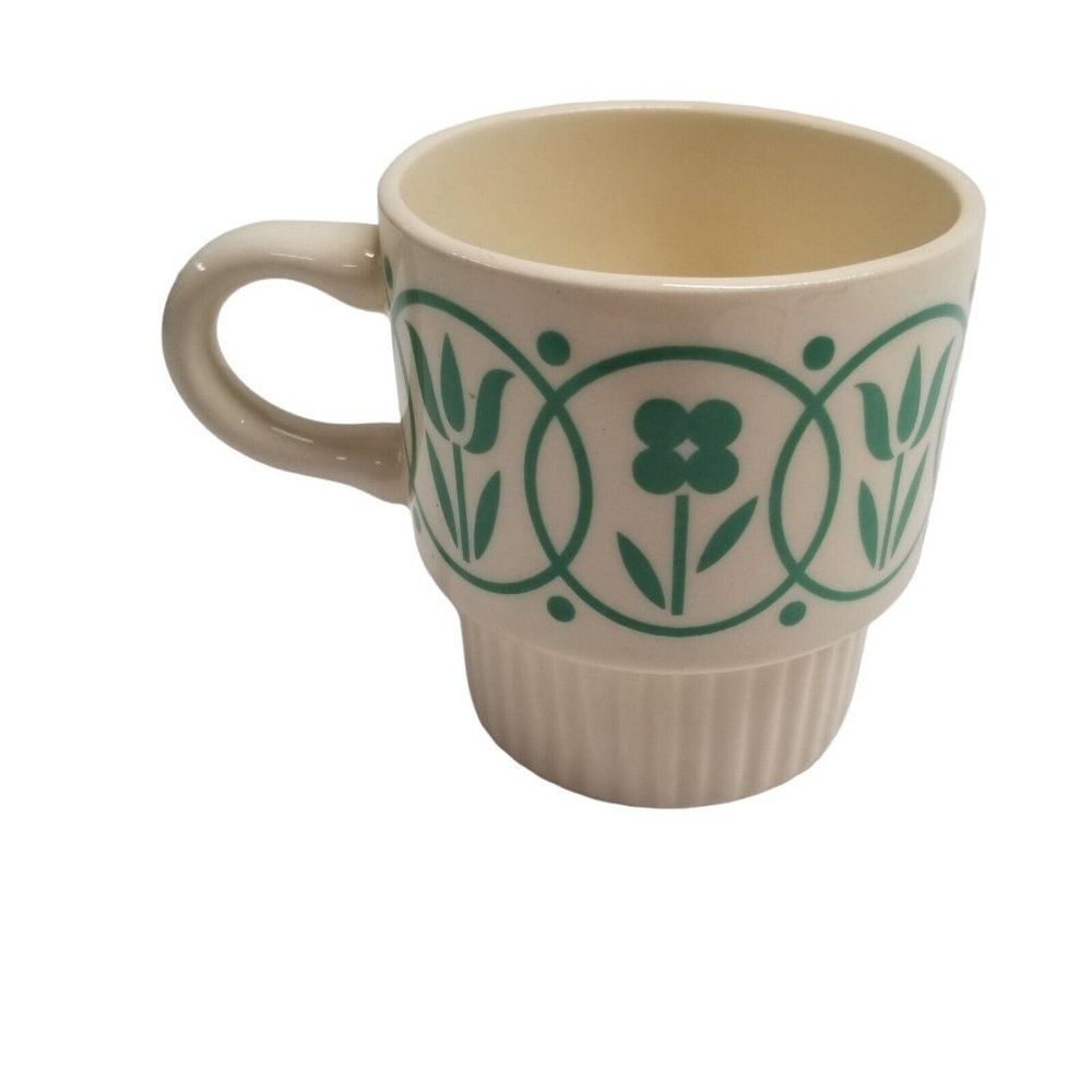 Vintage Coffee Cup Mug Floral Tulip Circle Folk Art USA C Handle Stackable Green